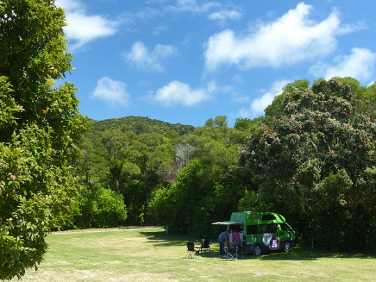 Our Jucy van sheltered from strong winds in Totaranui campground, Abel Tasman, Nov 2015